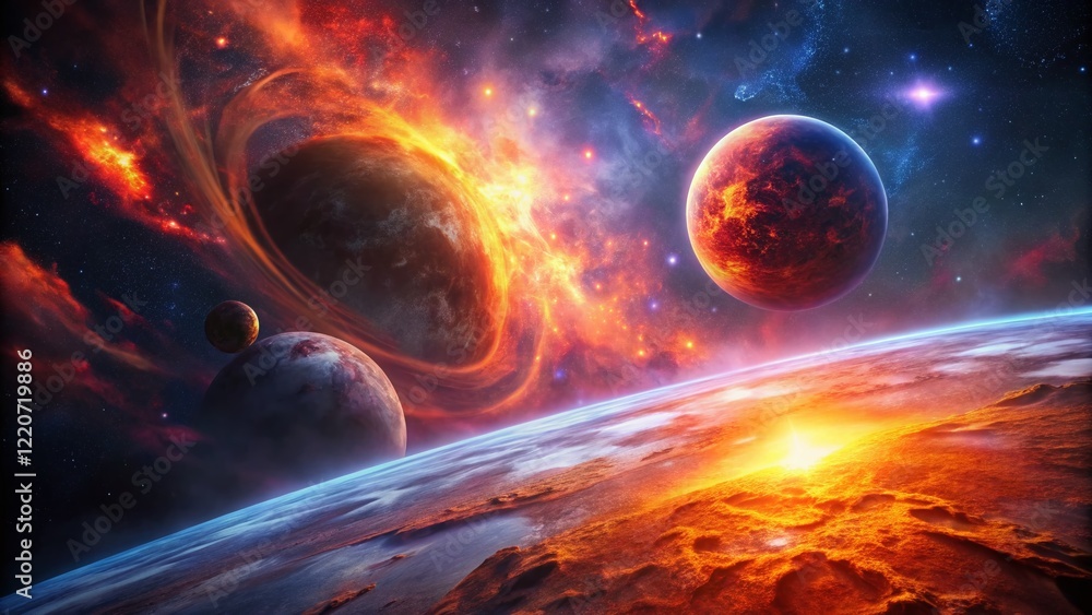 Fiery Nebula and Distant Planet: Epic Space Landscape Stock Photo Fiery Nebula and Distant Planet: Epic Space Landscape Stock Photo