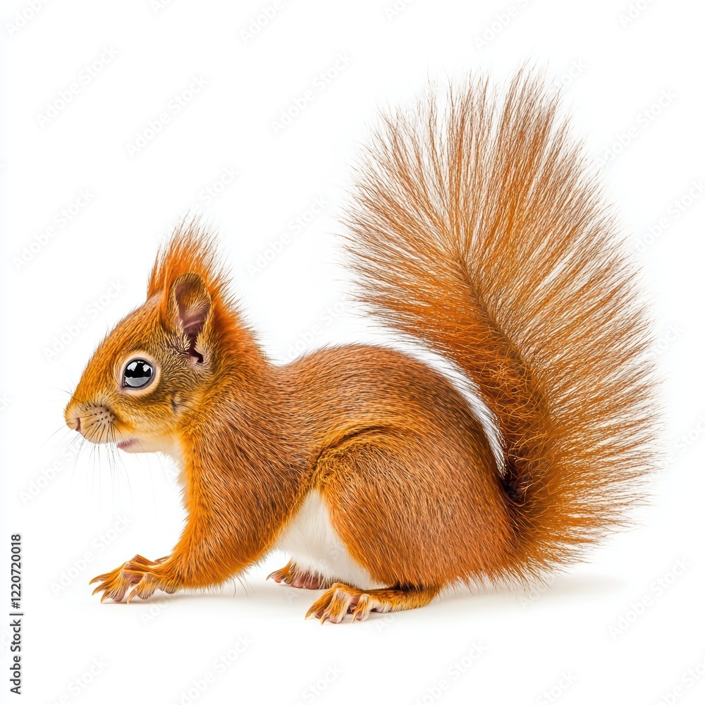 Obraz premium Curious Red Squirrel with Fluffy Tail Isolated on White Background