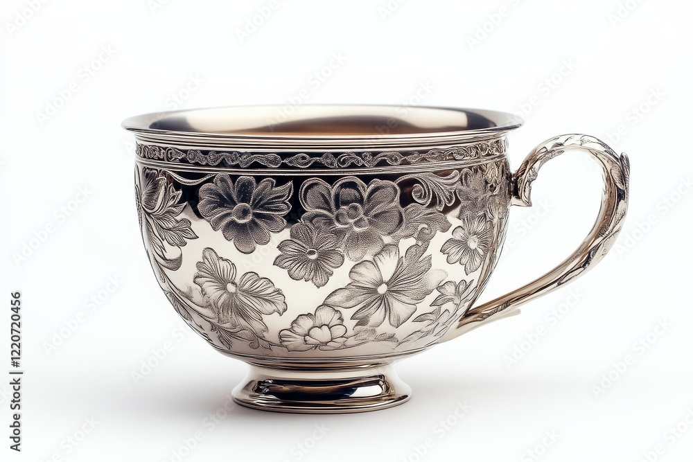 A beautifully crafted silver cup adorned with intricate floral designs, showcasing elegance and artistry in metalwork. A beautifully crafted silver cup adorned with intricate floral designs, showcasing elegance and artistry in metalwork.