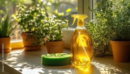 The bottle of cleaning liquid and the green sponge on top of it stand next to each other in front of an open window, with sunlight streaming through. 