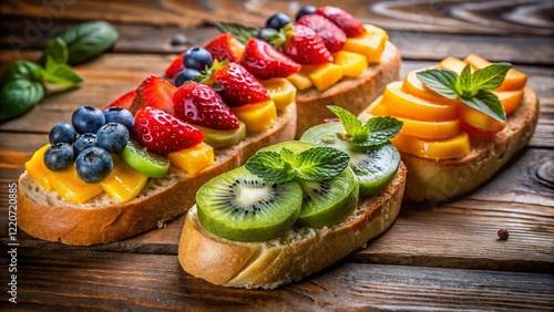 Five Gourmet Fruit Sandwiches on Rustic Kitchen Counter - Stock Photo photo