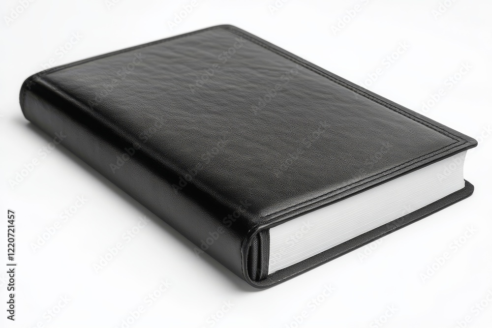 A sleek black book with a textured cover, featuring a clean white edge, resting on a light background. A sleek black book with a textured cover, featuring a clean white edge, resting on a light background.