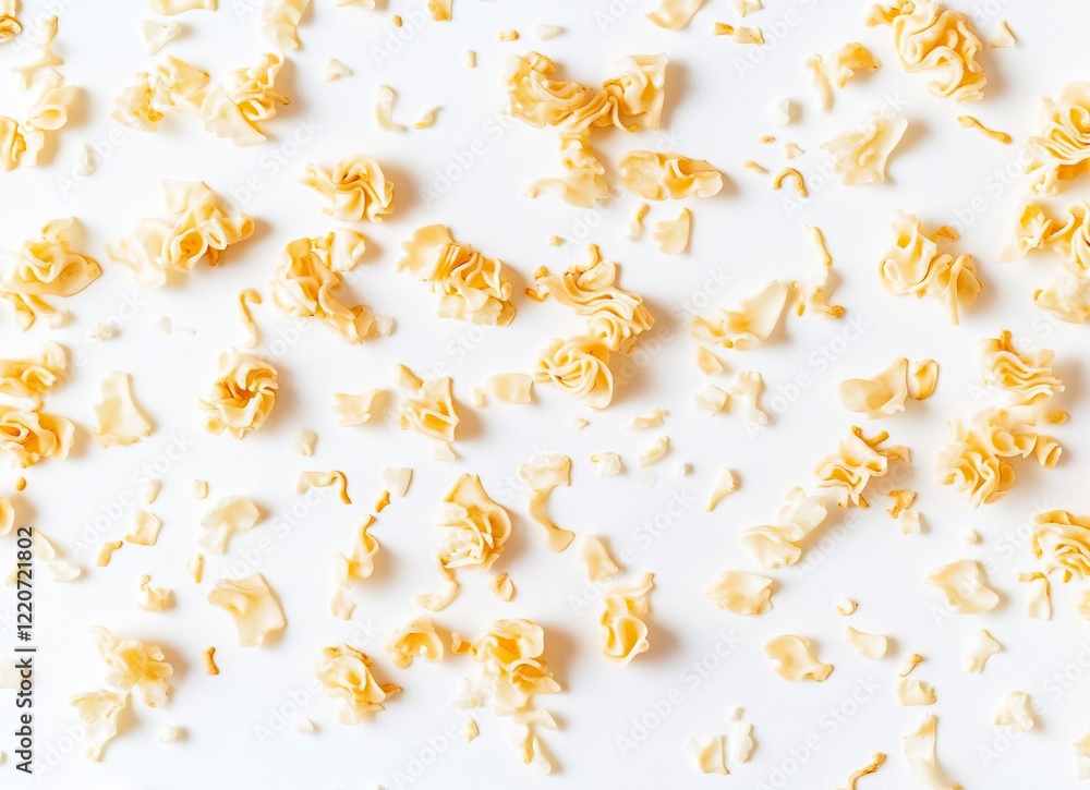 Rice noodles, white background, top view, scattered small pieces of instant rice ramen pasta on the floor, isolated. The concept is about fast food and eating in the office or at home. Rice noodles, white background, top view, scattered small pieces of instant rice ramen pasta on the floor, isolated. The concept is about fast food and eating in the office or at home.