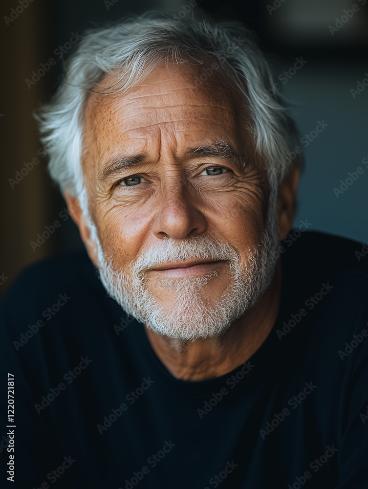 Obraz premium Mature Man Portrait: A close-up portrait of a senior man with a warm, kind smile and salt-and-pepper beard. His expressive eyes and gentle expression convey wisdom, experience, and serenity.