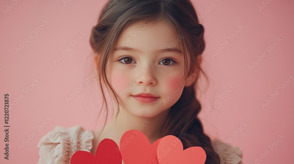 Charming young girl with heart decorations against pink background for valentine's day theme Charming young girl with heart decorations against pink background for valentine's day theme