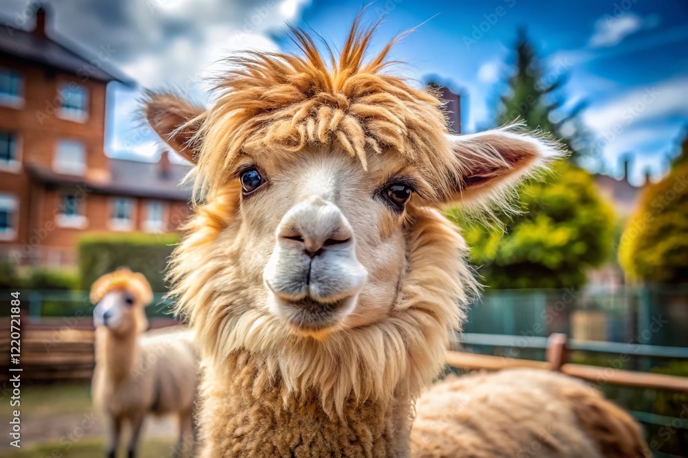 Fototapeta premium Fluffy Alpaca Grazing in Urban Zoo Enclosure - Stock Photo