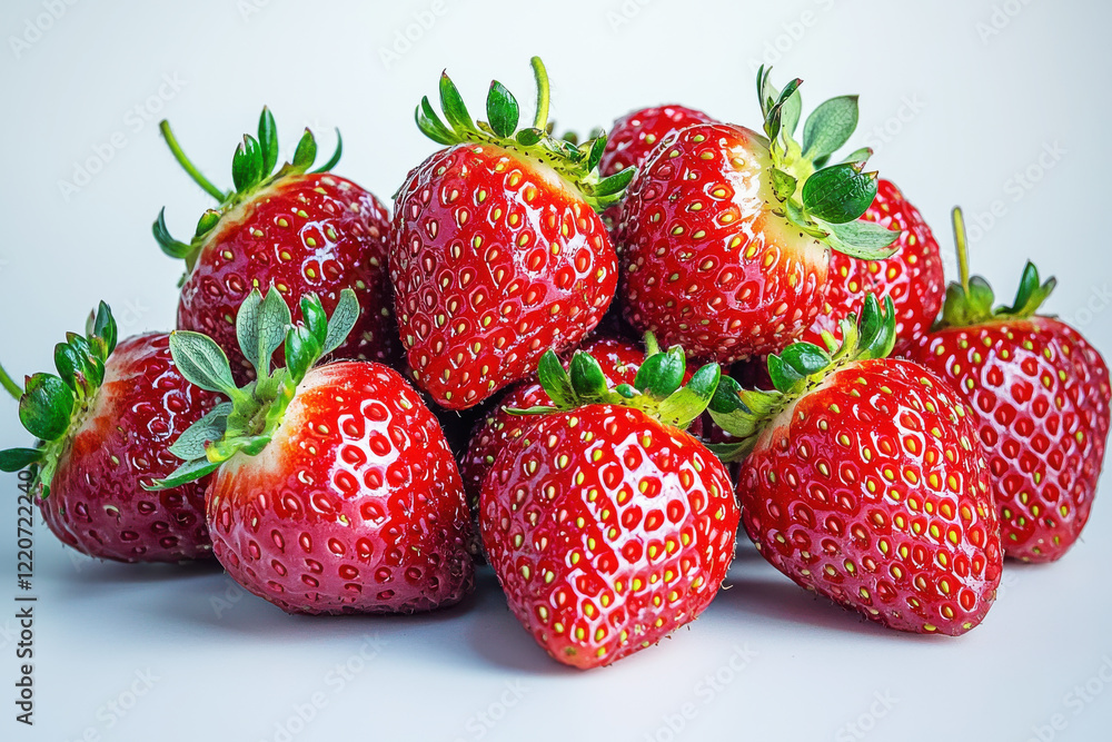 Fresh strawberries with green stems on a pure white background showcasing their glossy surface and detailed seeds in high resolution Fresh strawberries with green stems on a pure white background showcasing their glossy surface and detailed seeds in high resolution