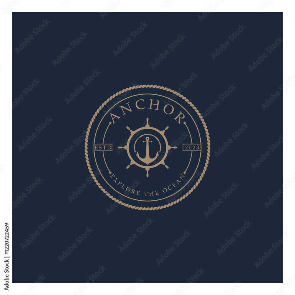 Naklejka premium ship anchor logo design with rope vintage, for, boat, marine, yacht, business, emblem, nautica, shipping company