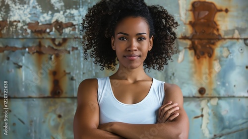 Beautiful young African-American woman with curly hair standing with arms crossed in front of a rusty metal wall.