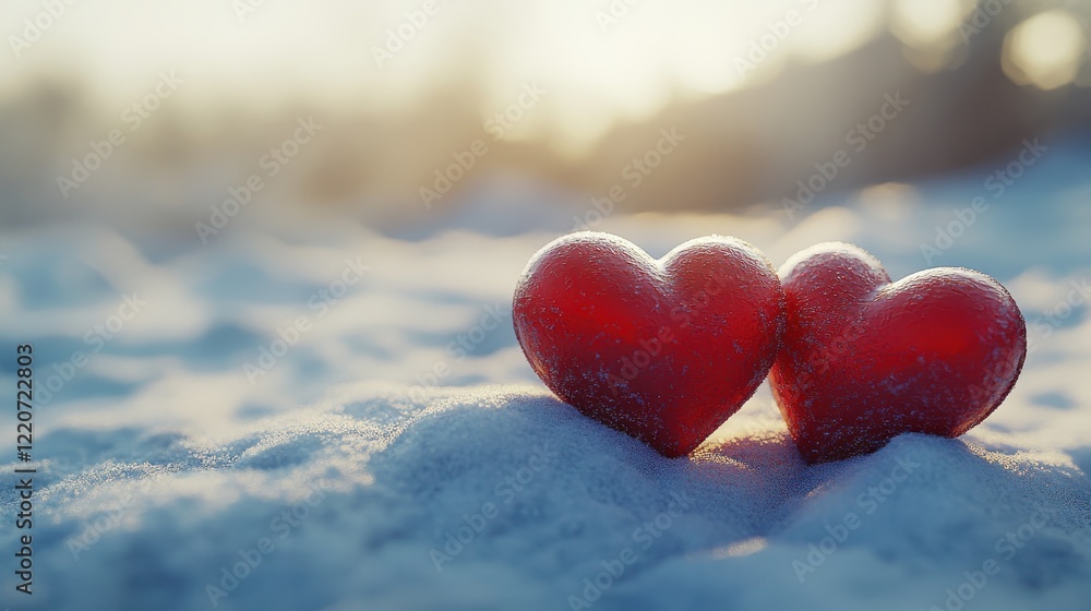 Fototapeta premium Two vibrant red hearts resting in snowy landscape on a peaceful winter day
