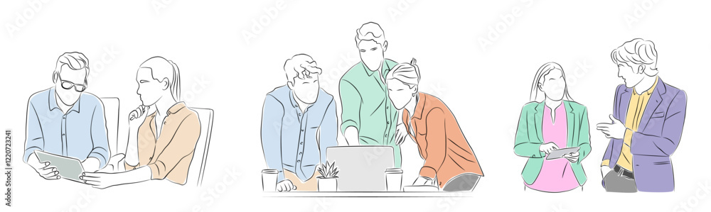 Business team members working together on laptop computer. Hand drawn sketch vector illustration isolated Business team members working together on laptop computer. Hand drawn sketch vector illustration isolated