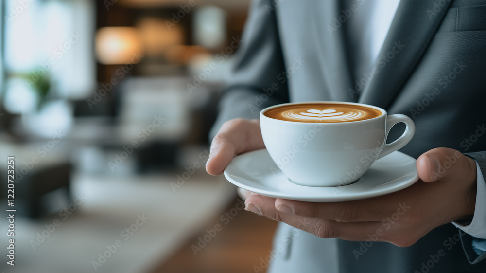 Fototapeta premium Morning Coffee Break: A businessman in a grey suit carefully holds a cup of latte art coffee in a stylish cafe setting.