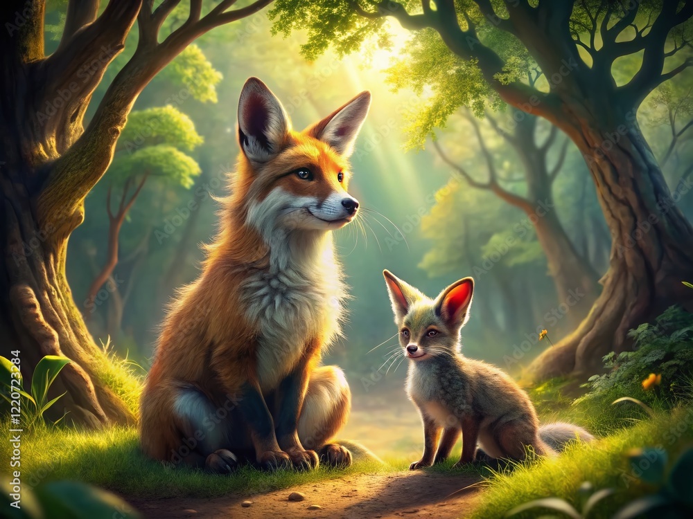 Obraz premium Fox and Rabbit Under Tree: Peaceful Woodland Scene - Nature Stock Photo