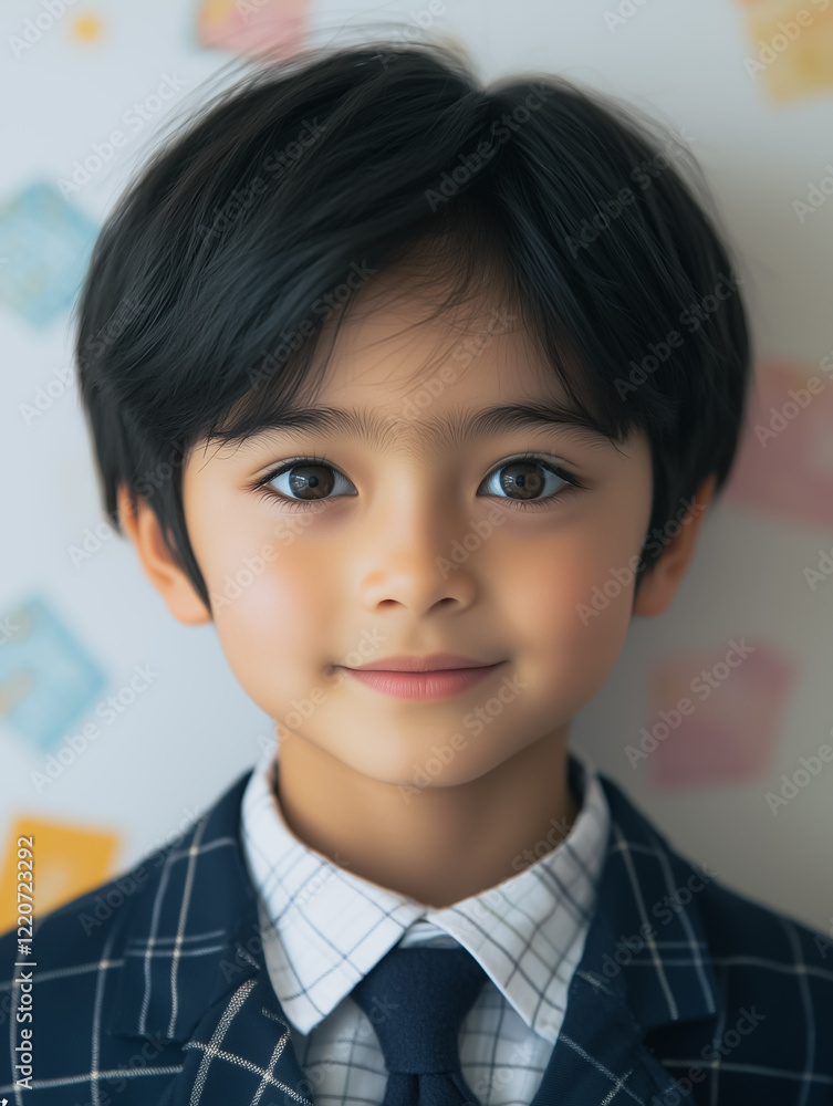 Charming Young Boy in Suit: A portrait of an adorable young boy, with dark hair and expressive eyes, wearing a smart plaid suit and tie. His gentle smile radiates innocence and charm. 