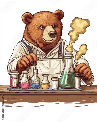 an adorable bear scientist in a lab coat conducting colorful chemical experiments photo