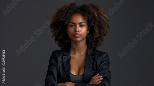 A young woman with curly hair wearing a black suit jacket is standing with her arms crossed. She is looking at the camera with a serious expression. photo