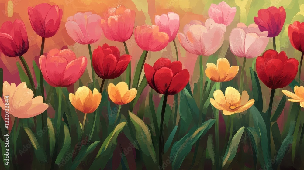 Vibrant tulip garden under a colorful sky during spring season's bloom in a serene landscape Vibrant tulip garden under a colorful sky during spring season's bloom in a serene landscape