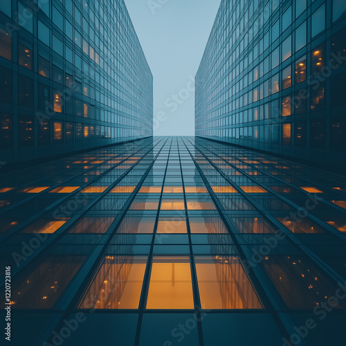 Wallpaper Mural Urban Canyon: A low-angle perspective looking up between two towering modern glass skyscrapers at dusk, showcasing the architectural symmetry and the warm glow of interior lights.  Torontodigital.ca
