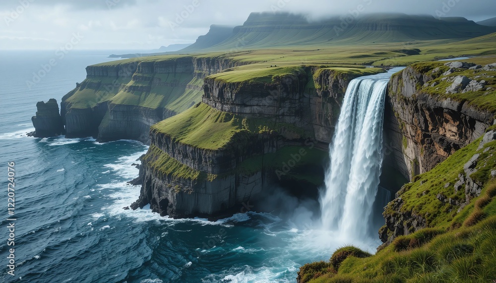 A dramatic cliffside with a waterfall plunging into the ocean A dramatic cliffside with a waterfall plunging into the ocean