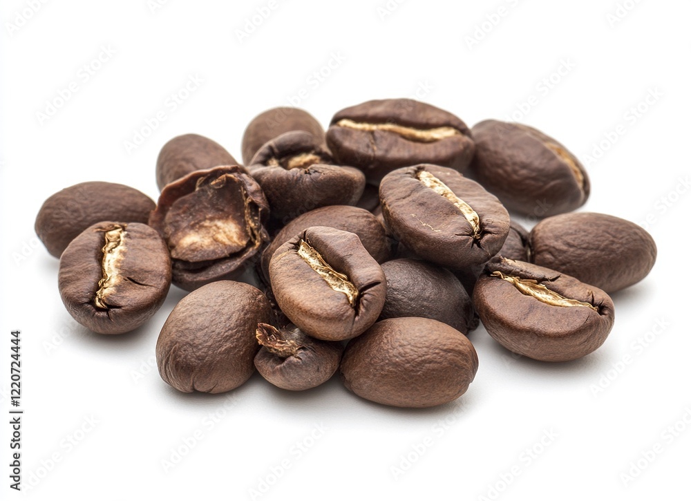 Fototapeta premium Roasted coffee beans on a white background, a product photo for stock photography with empty space around the objects. --ar 128:93 --v 6.1 Job ID: 594d0c6b-761e-4ba2-ab5a-c68b0042887c