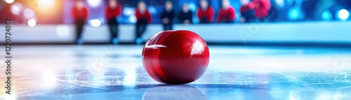 A close-up of a red curling stone on ice, with blurred spectators in the background, creating a vibrant sports atmosphere.