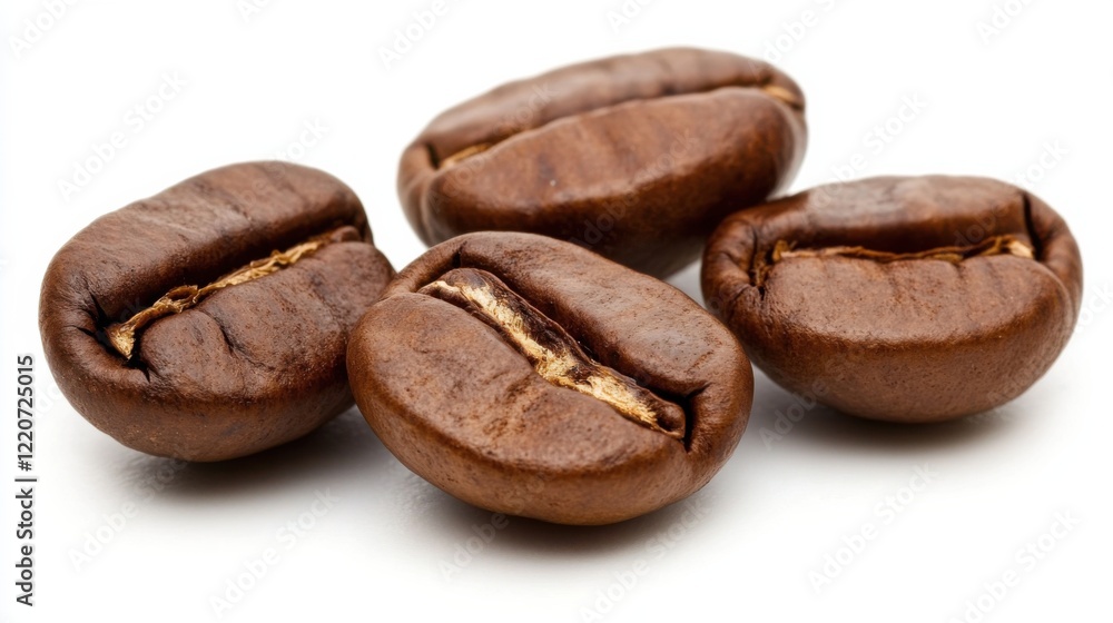 Close-up of four roasted coffee beans showcasing rich texture and color against a white background Close-up of four roasted coffee beans showcasing rich texture and color against a white background