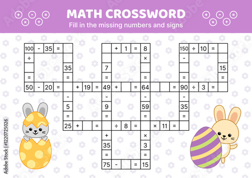 Hard math crossword with addition, subtraction, multiplication, division. Fill in the missing numbers and signs. Solve the problem. Educational attention game for kids. Isolated vector illustration ep