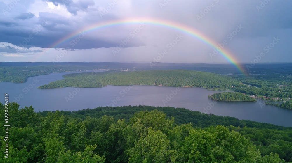 Serene After Storm Landscape with Rainbow and Lake View Serene After Storm Landscape with Rainbow and Lake View