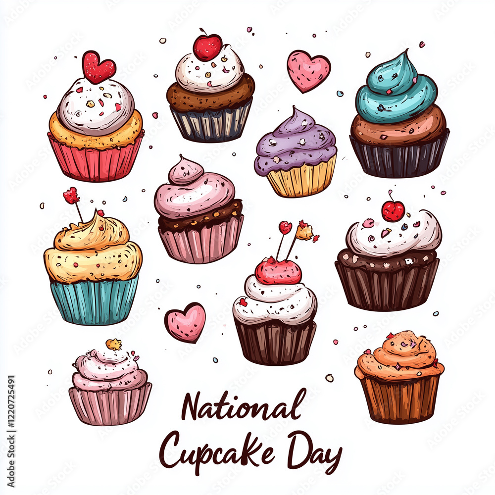 Colorful drawing of cupcakes with fresh strawberries. Card for national cupcake day. Colorful drawing of cupcakes with fresh strawberries. Card for national cupcake day.