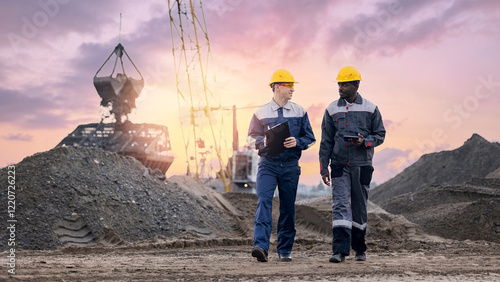 Fotografía Caucasian male and african american man wearing protective uniform using tablet on mining port