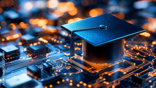 Graduation Cap on Circuit Board Symbol of Technological Advancement in Education