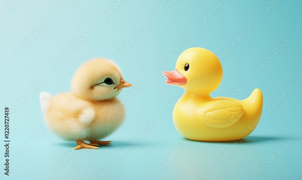 Baby Chick and Yellow Rubber Duck on Light Blue Background Baby Chick and Yellow Rubber Duck on Light Blue Background