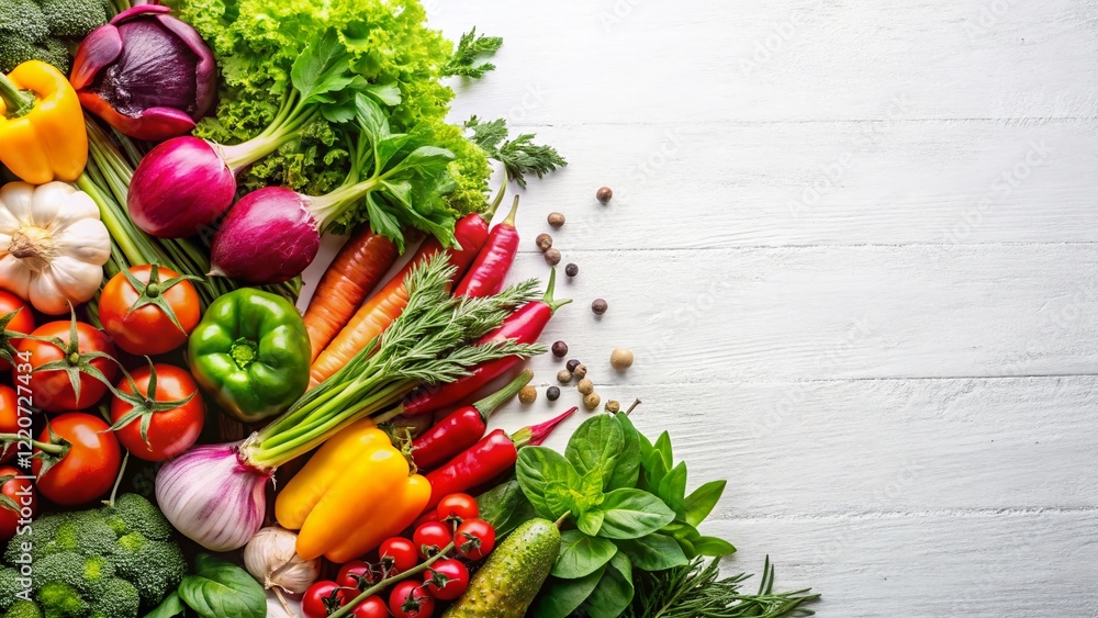 Fresh Organic Vegetables & Herbs on White Background - Healthy Eating Stock Photo Fresh Organic Vegetables & Herbs on White Background - Healthy Eating Stock Photo