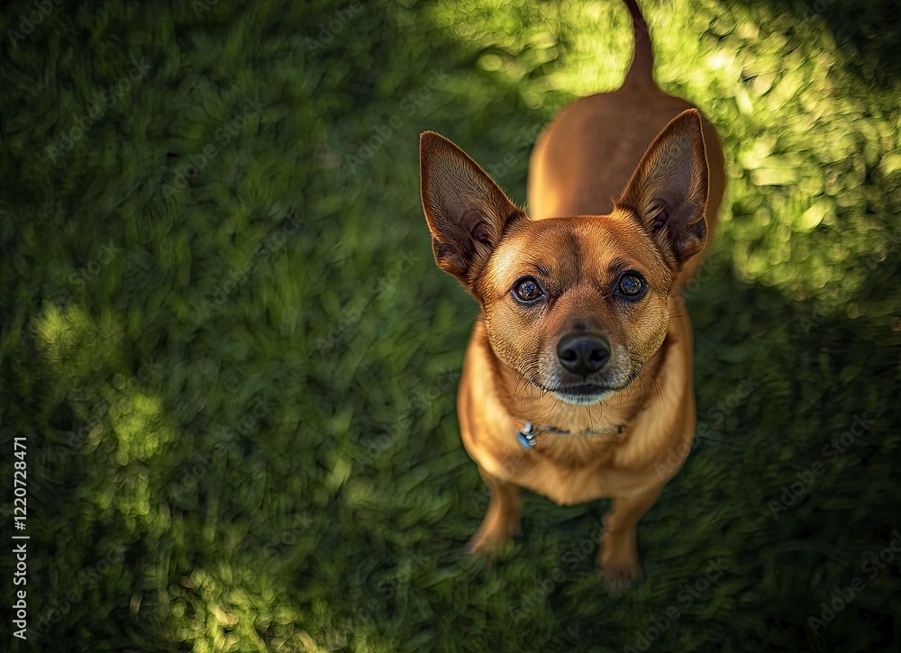Obraz premium A red Malinois dog standing on green grass, looking at the camera, with ears up and tail raised. The background is blurred and has a bokeh effect, giving focus to the subject.