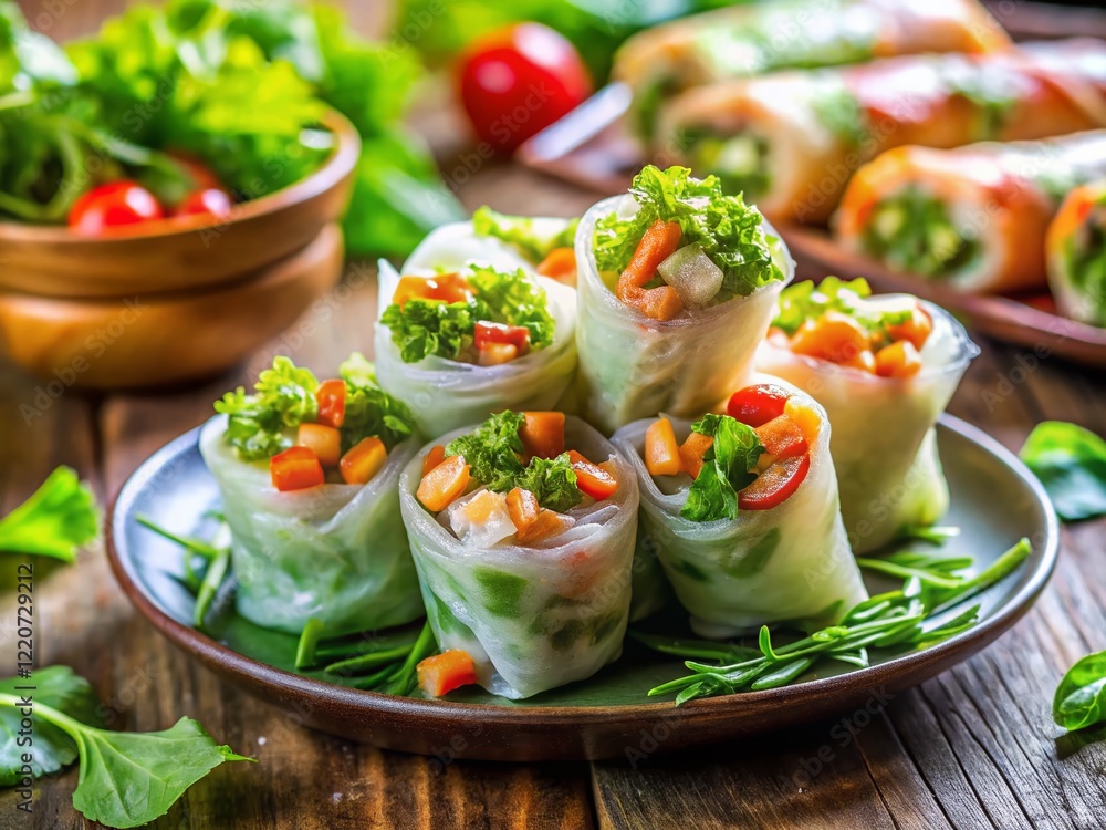Fresh Vietnamese Goi Cuon Rice Paper Rolls with Shrimp & Herbs - Tilt-Shift Appetizer Fresh Vietnamese Goi Cuon Rice Paper Rolls with Shrimp & Herbs - Tilt-Shift Appetizer