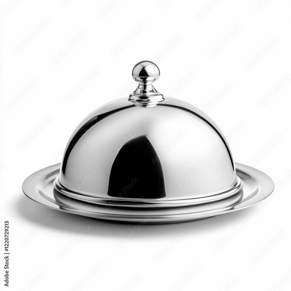 Obraz premium Elegant Silver Cloche Above Golden Plate on White Background