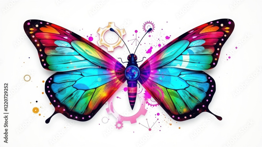 Fototapeta premium A vibrant, colorful butterfly with intricate patterns and a kaleidoscope of colors, set against a light background.