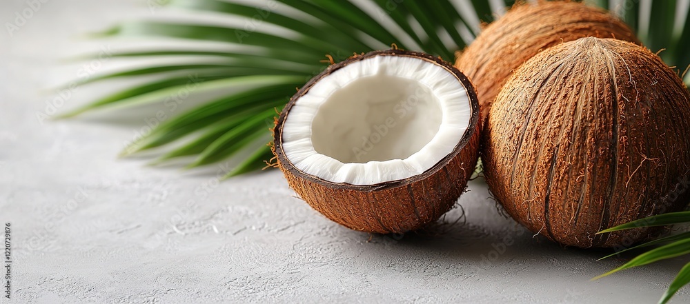 Freshly cut coconut with palm leaf on gray surface Freshly cut coconut with palm leaf on gray surface