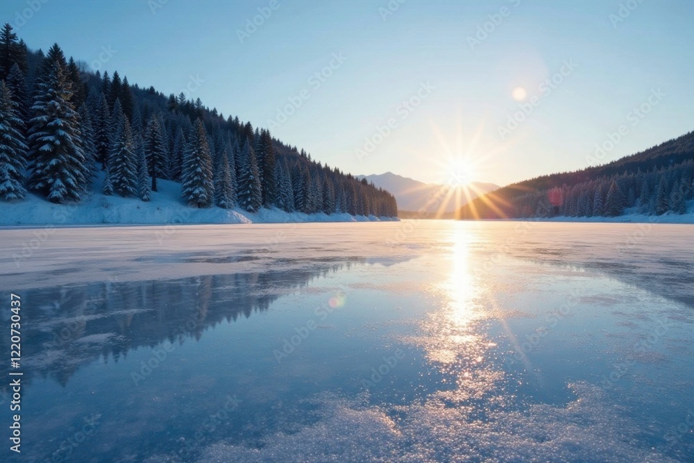 Fototapeta premium Frozen lake's icy surface glistens as the sun's rays peek through, snow, peaceful