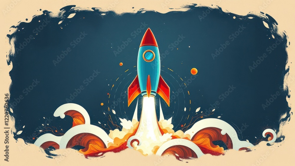 Fototapeta premium A colorful rocket launching amidst vibrant flames and waves, set against a dark blue background, symbolizing adventure and exploration.