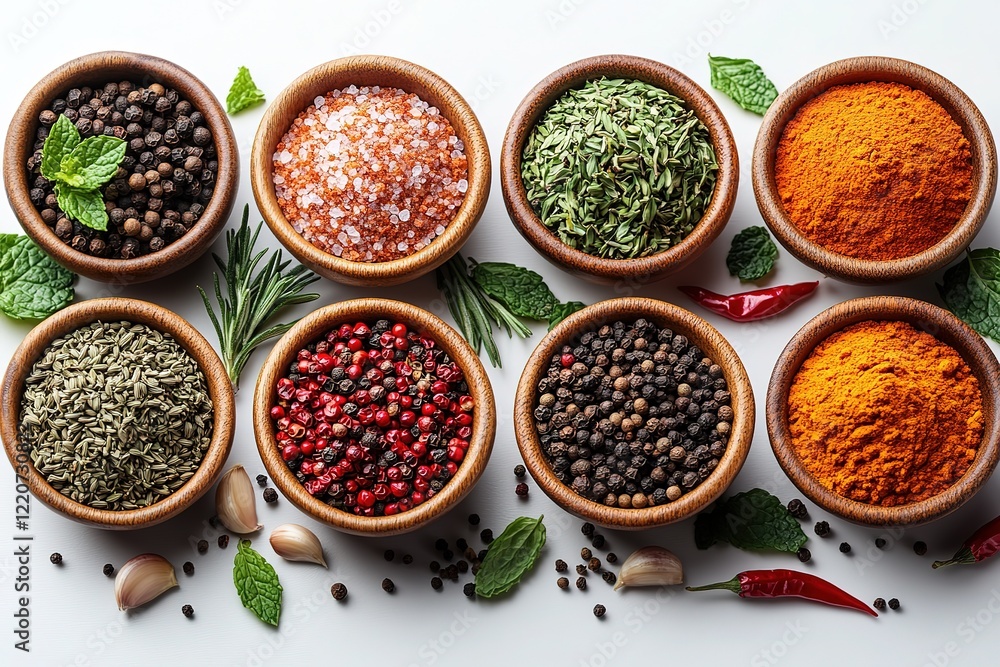 Assortment of Aromatic Spices and Herbs in Wooden Bowls Assortment of Aromatic Spices and Herbs in Wooden Bowls