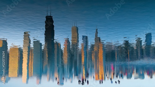 A stunning view of the Chicago skyline with iconic skyscrapers reflected on the surface of Lake Michigan.
