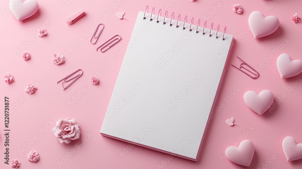 Creative notepad with pink hearts and paper clips on pastel background for valentines Creative notepad with pink hearts and paper clips on pastel background for valentines