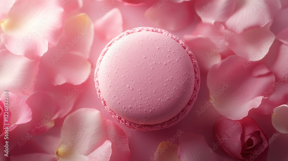 Elegant pink macaron with delicate rose petals for romantic dessert inspiration Elegant pink macaron with delicate rose petals for romantic dessert inspiration