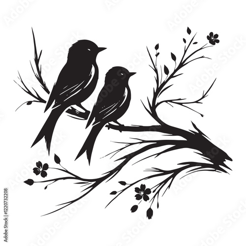 Two lovebirds sitting closely on a branch, sharing sweet affection - Lovebirds silhouette - Lovebirds vector - Lovebirds illustration - valentine silhouette - love silhouette
