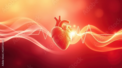 A glowing, stylized heart on a vibrant red background, symbolizing love, life, and vitality with flowing waves representing heartbeat.