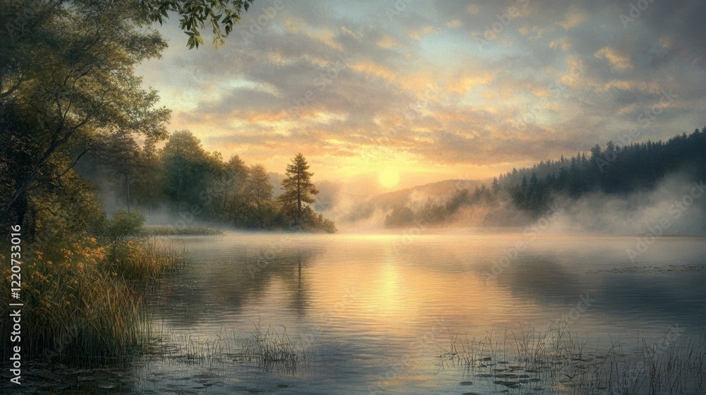 Obraz premium A peaceful sunrise over a tranquil lake with mist rising from the water