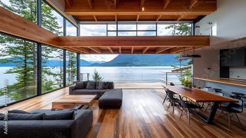 Fototapeta Naklejka Na Ścianę i Meble -  Modern lake house living room with stunning mountain view; ideal for real estate or home design