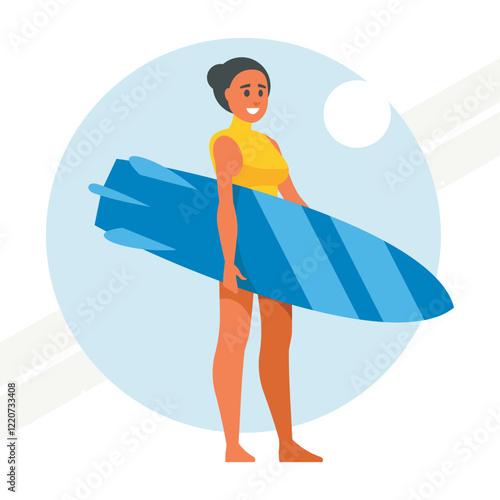 A girl with a surfboard representing sports and adventure