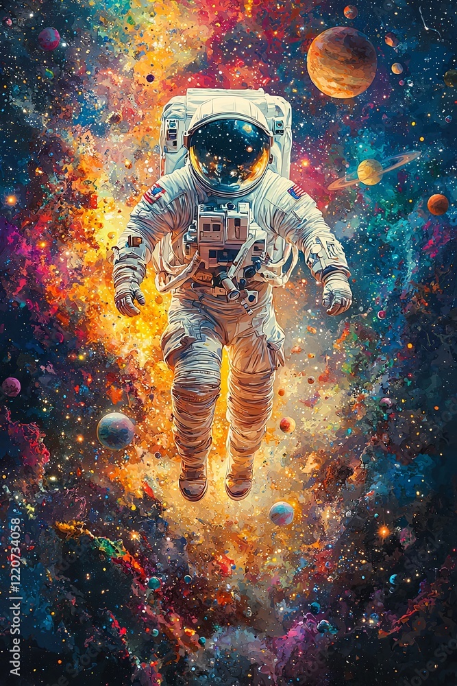 Fototapeta premium Vibrant Astronaut Floating in a Cosmic Galaxy